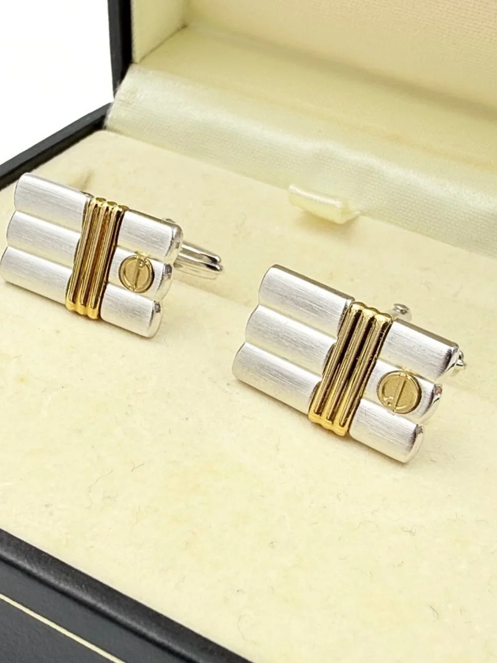 Dunhill Signed Paris Rectangular Two Tone Brushed Ribbed Tuxedo Cufflinks